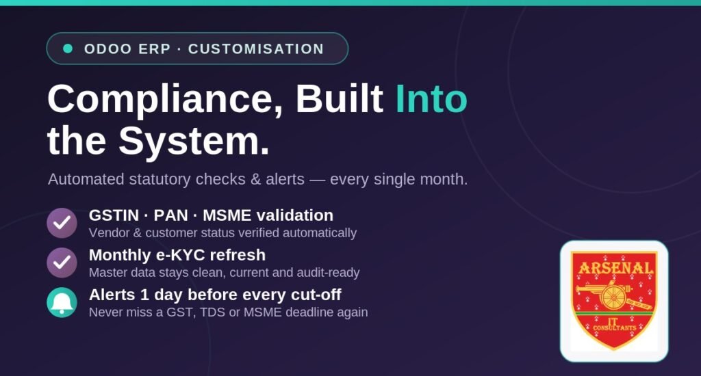 Odoo customised for automatic monthly GSTIN, PAN, MSME and e-KYC compliance checks by Arsenal IT Consultants