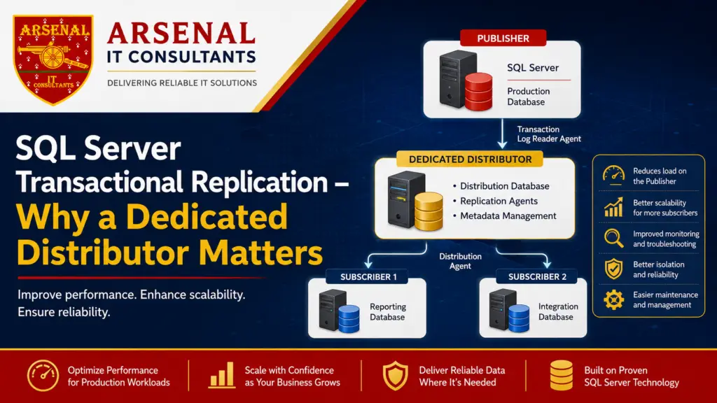 SQL Server Transactional Replication architecture diagram showing Publisher, dedicated Distributor, and Subscribers