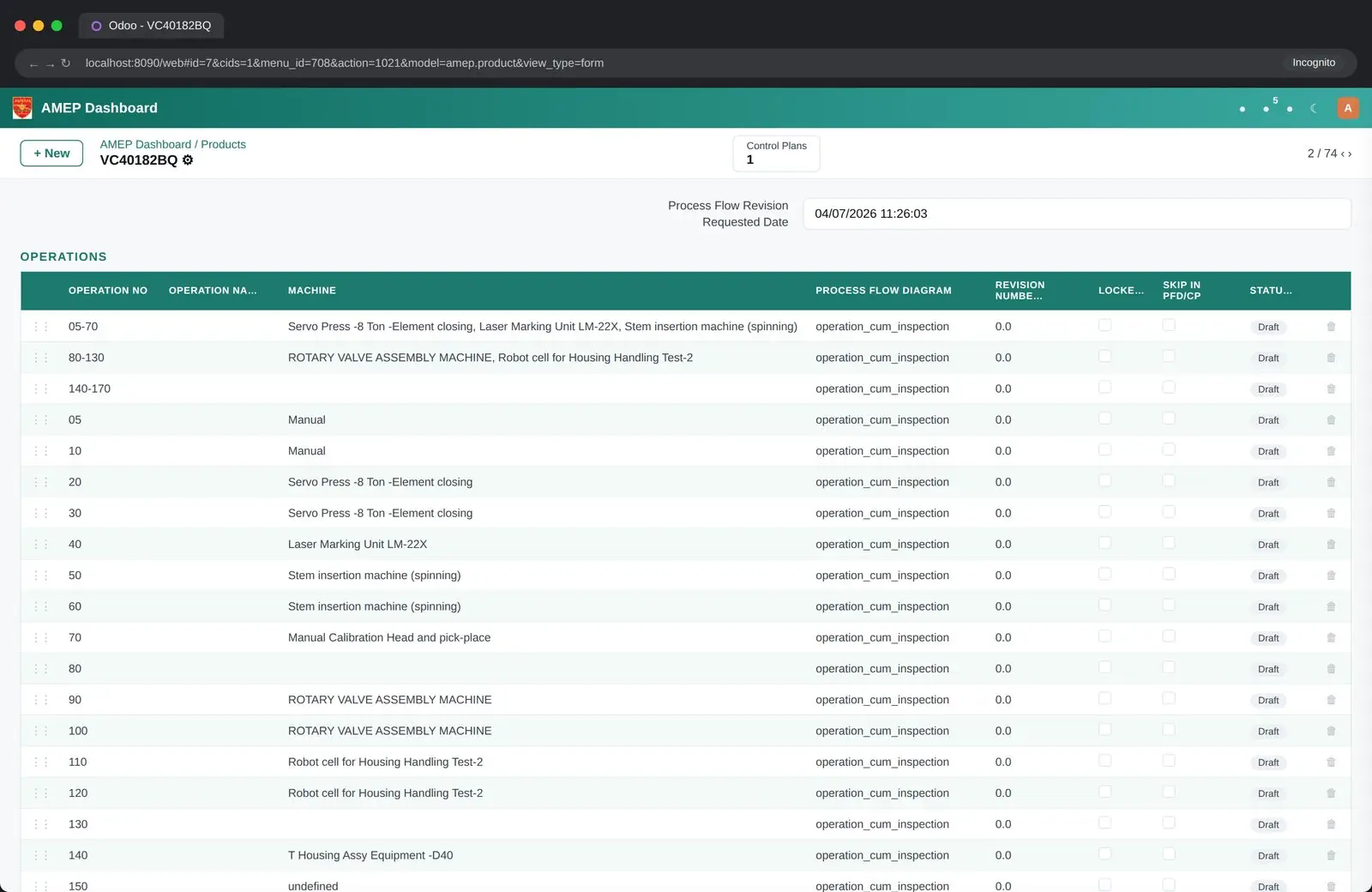 A dense operations table, reproduced with representative data. Compact rows, sticky column header, inline status and reorder handles, tuned for desktop review rather than shop floor entry.
