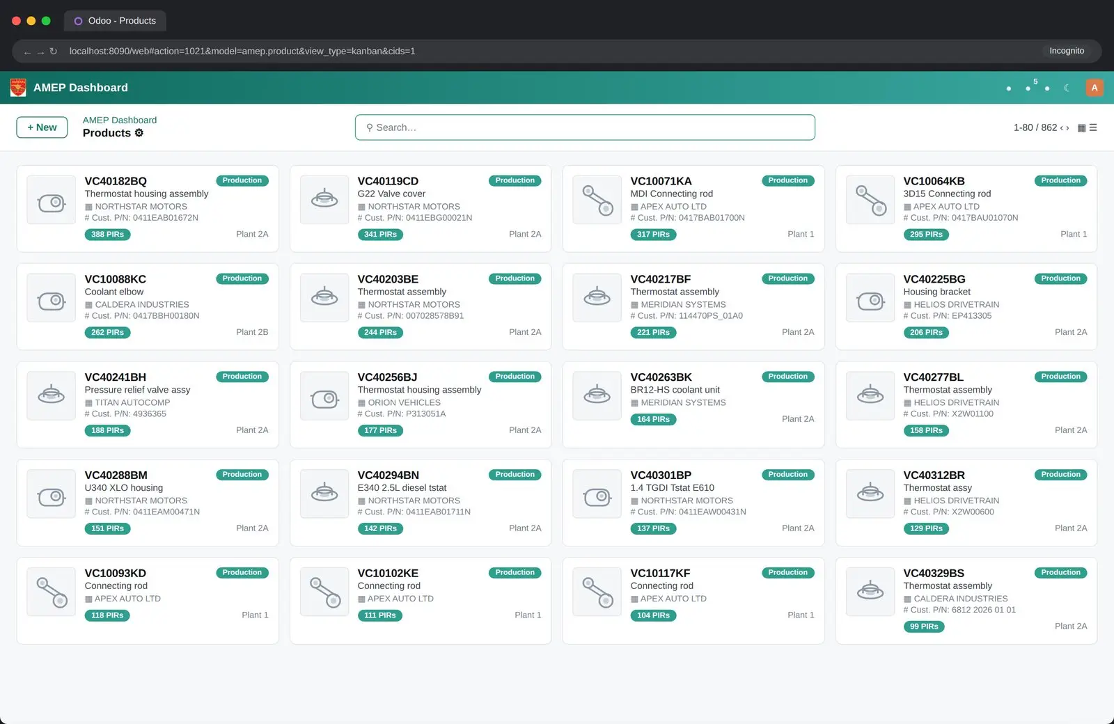Product kanban, reproduced with representative data. Seven facts per card, chosen for recognition rather than completeness.